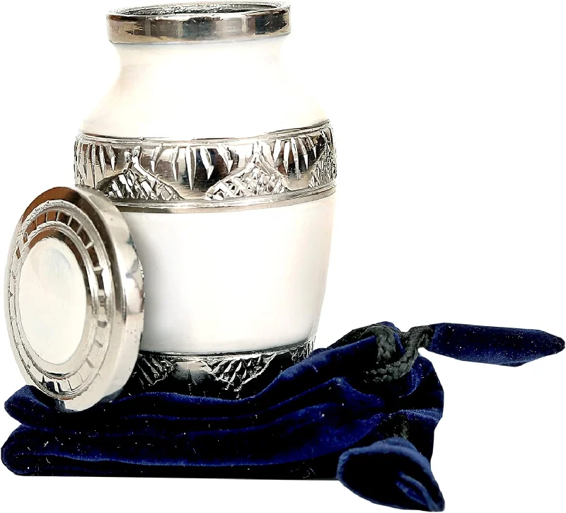 Women's embroidered silk shoulder bags with intricate beadworkLovely White & Silver Small Keepsake Urn Qnty 1 - Mini Keepsake Urn for Human Ashes with 1 Velvet Box Bag-Keepsake Urn -Beautiful Peaceful Mini Memorial Affordable Keepsake Urn (3.5 "in)