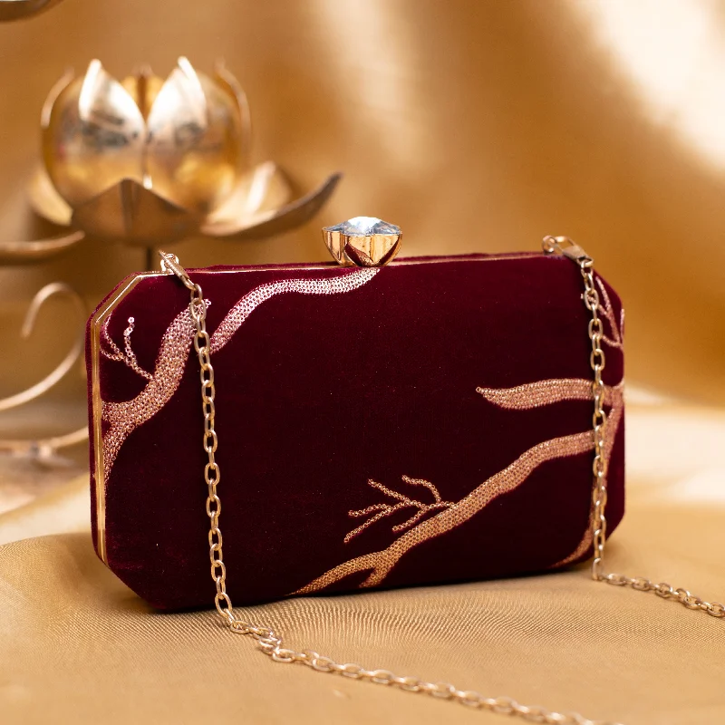 Clutch with a built - in mirror and compact for on - the - go touch - upsMaroon And Golden Embroidery Party Clutch