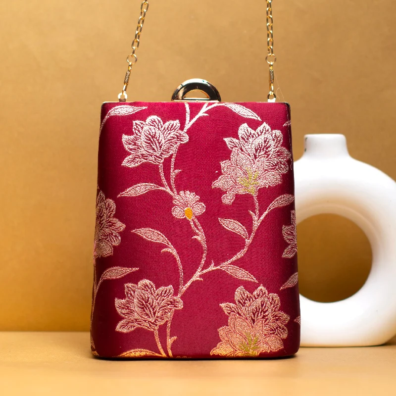 Mother - of - pearl clutch with a delicate sheenMaroon Floral Brocade Vertical Clutch