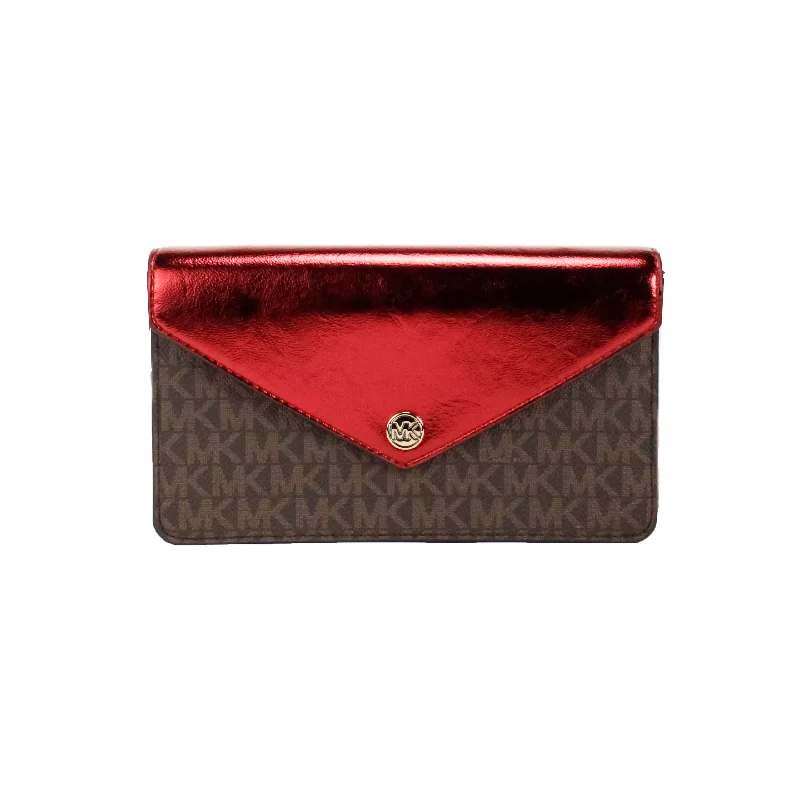 Leather evening bag with a gold - plated chain strap for a sophisticated lookMichael Kors Jet Set Travel Crimson Small Flap Clutch Crossbody Women's Bag