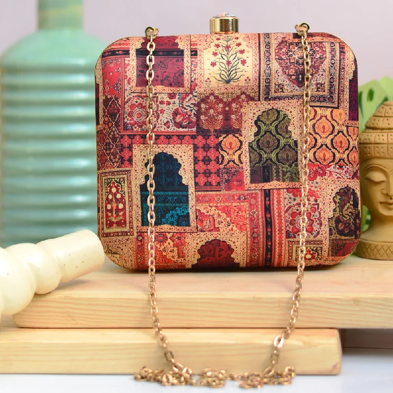 Clutch with a removable strap to be used as a hand - held or cross - bodyArtklim Mughal Style Doors Printed Clutch