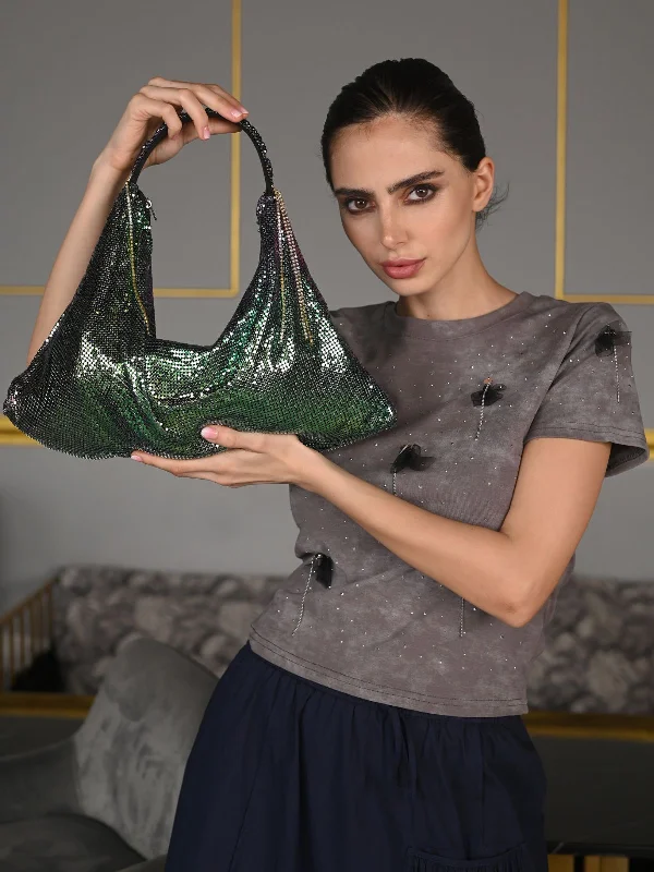 Women's satin clutch with a beaded flower accent for a glamorous eveningOdette Metallic Green Clutch For Women