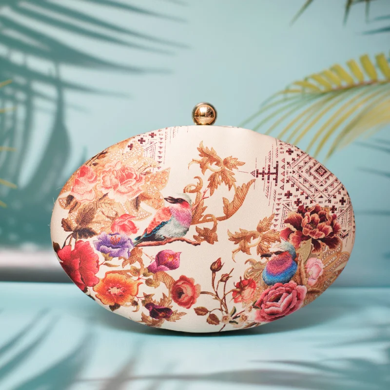 Geometric - shaped evening bag for a contemporary aestheticArtklim Oval Floral Birds Print Clutch