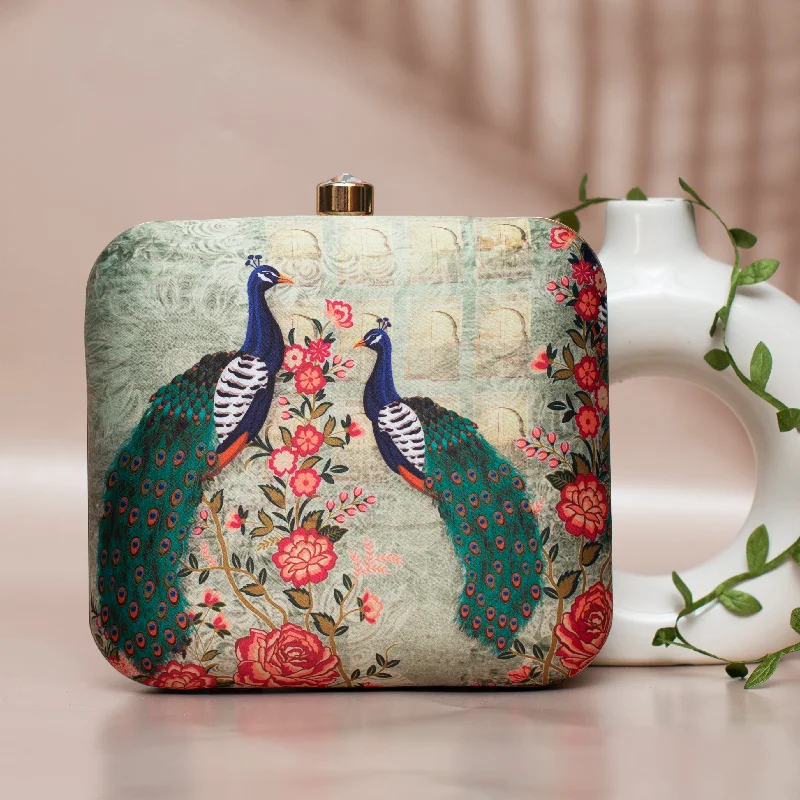 Women's satin clutch with a beaded flower accent for a glamorous eveningPeacock Printed Clutch