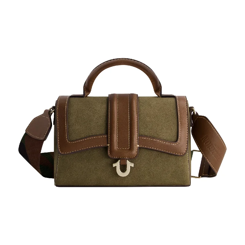 Vintage-inspired satchel with a brass buckle and leather tasselsTrue Religion Mini Camo Strap Satchel