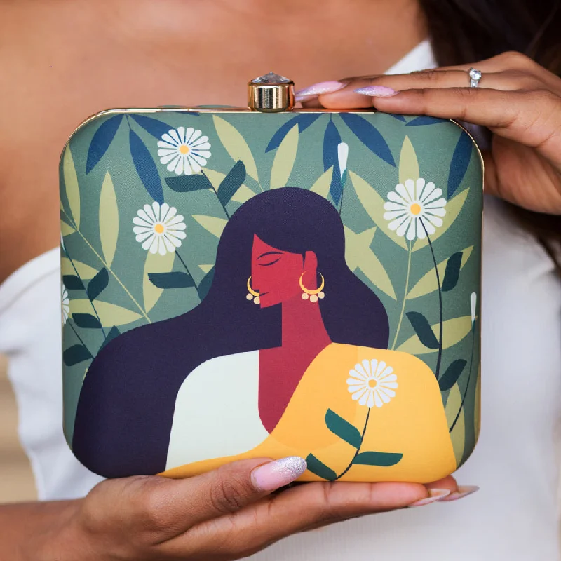 Patent leather clutch with a modern, minimalist designYellow Saree Lady on Flower Green and White Leaf Background Printed Clutch